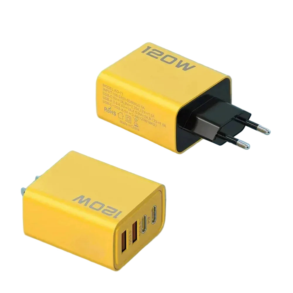 Yellow 120W charger with 2 PD and 2 USB ports on a light blue background