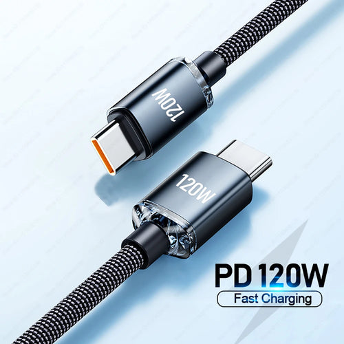 Two USB-C cables with '120W' marking on a light blue background