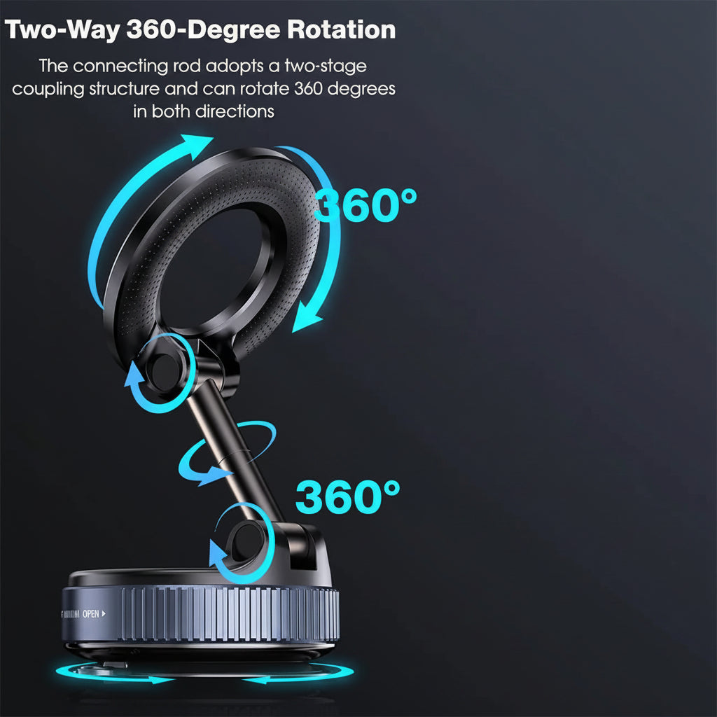 Phone holder with 360-degree rotation feature on a black background