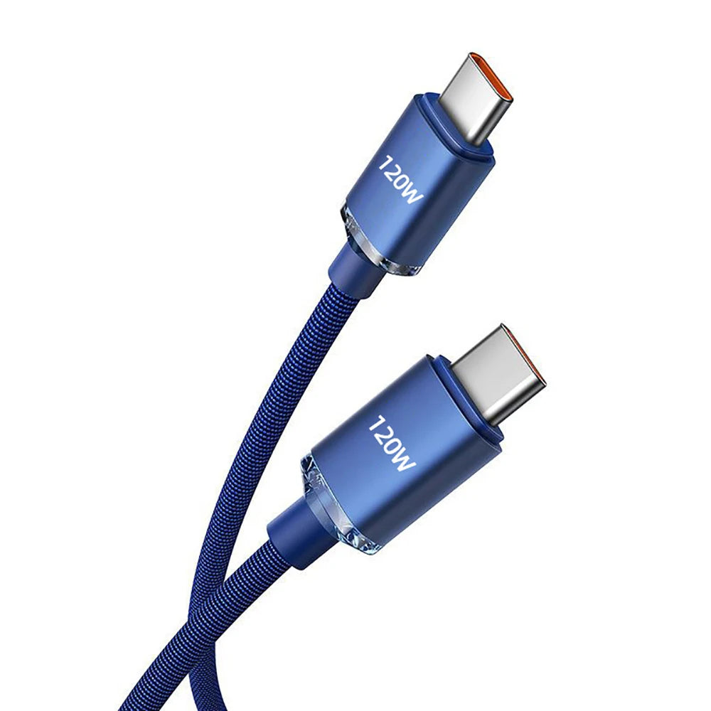 Blue USB-C cable with '120W' marking on a white background