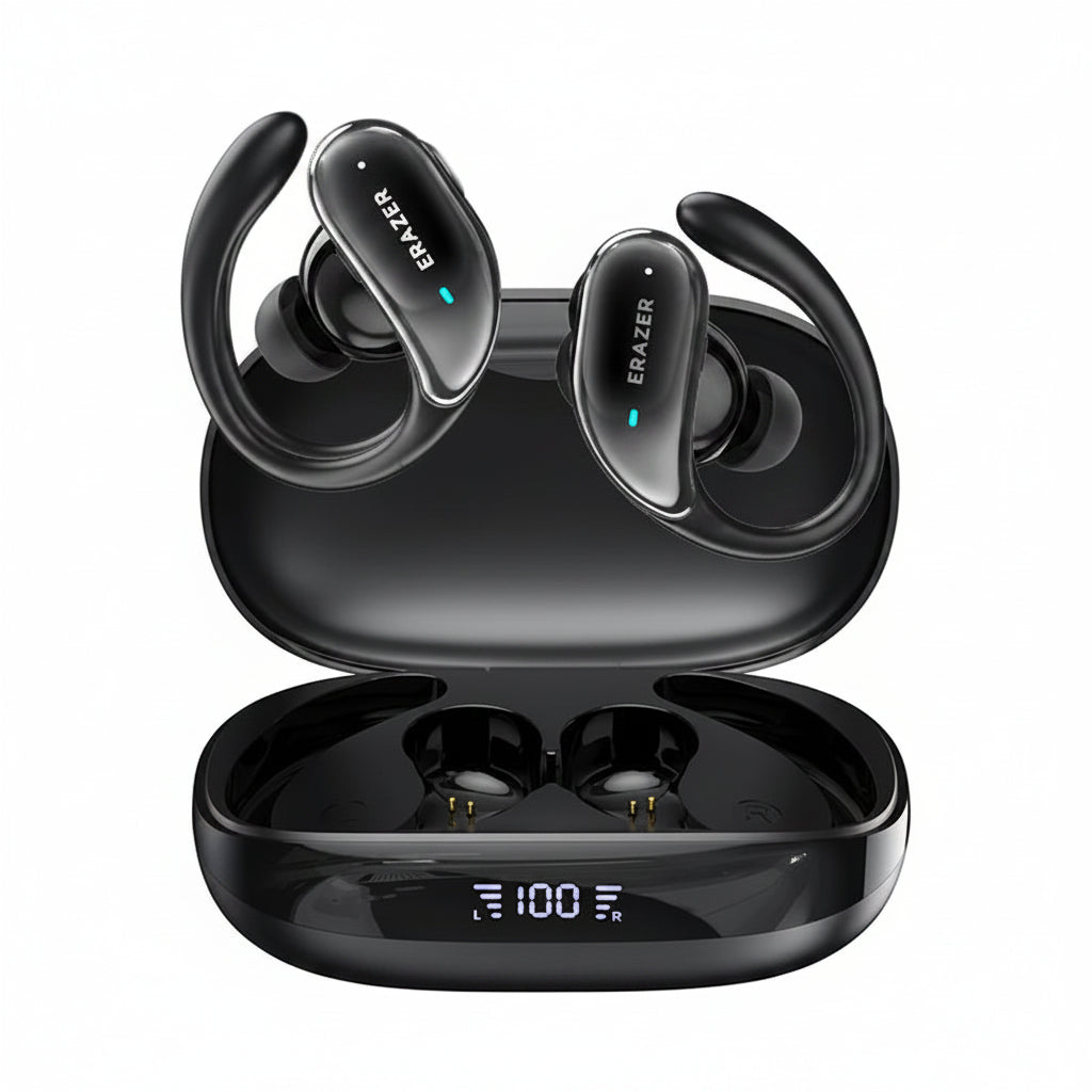 Black wireless earbuds with charging case on a white background, featuring the Erazer brand.
