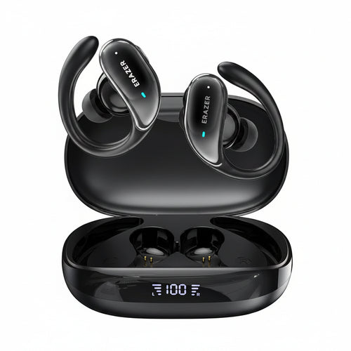 Black wireless earbuds with charging case on a white background, featuring the Erazer brand.