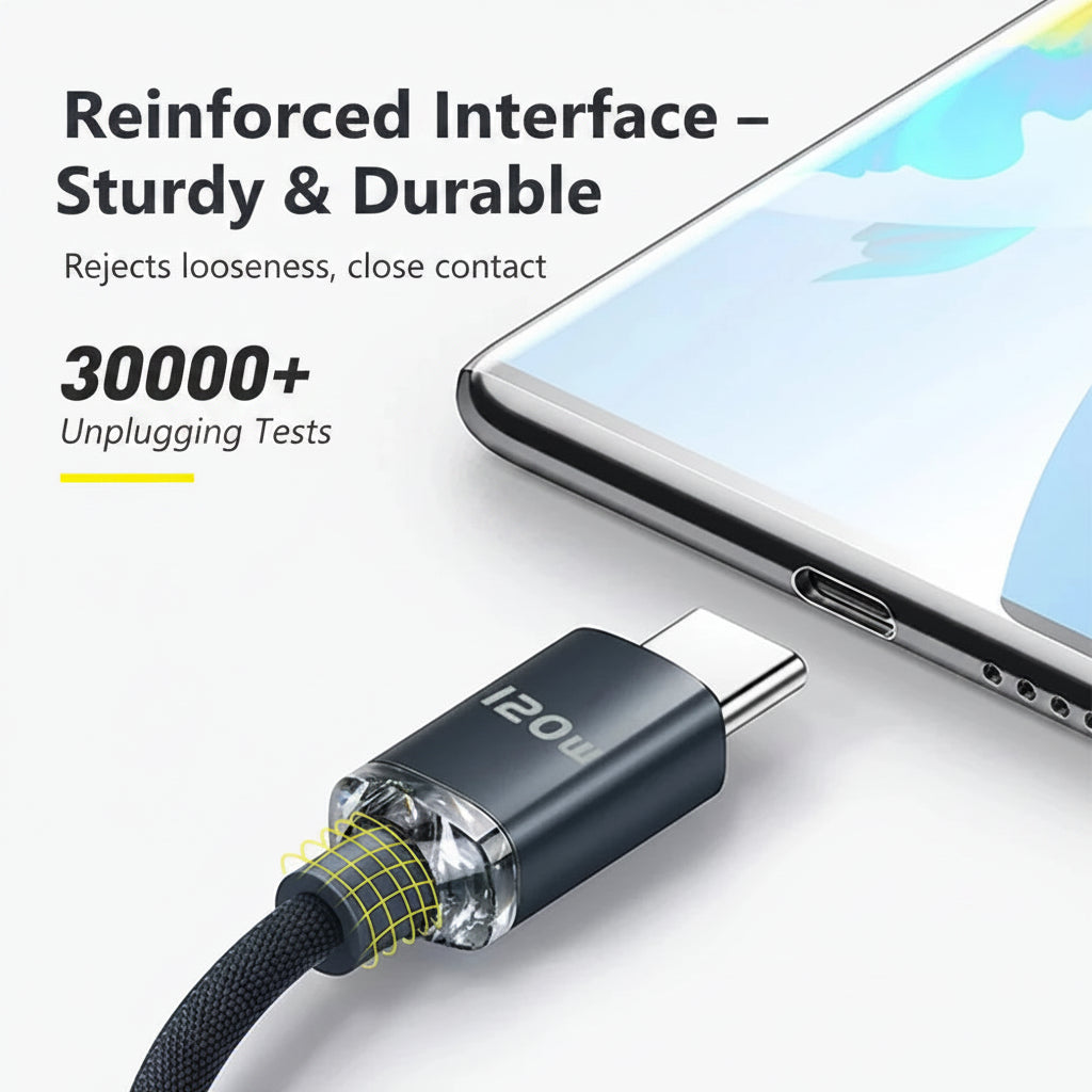 Phone cable with reinforced interface, showing durability test details on a white background