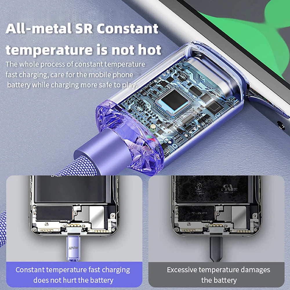 Technical diagram of a charging cable with electronic components, highlighting constant temperature charging.