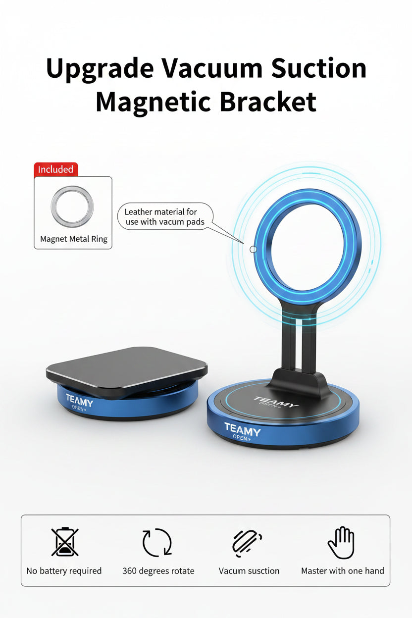 Magnetic bracket with vacuum suction and metal ring on a blue gradient background