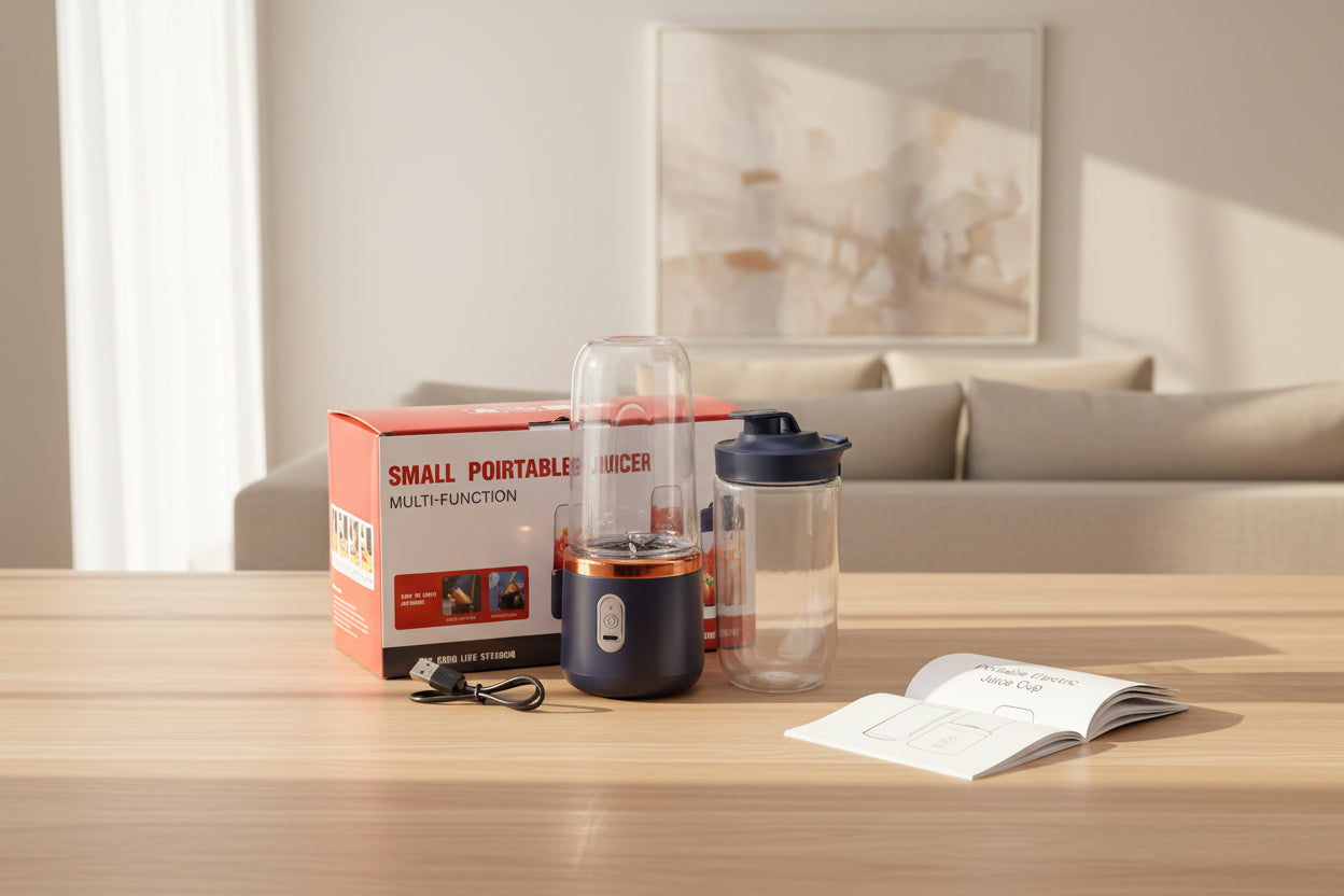 Portable electric juice cup with USB cable and packaging on a white background