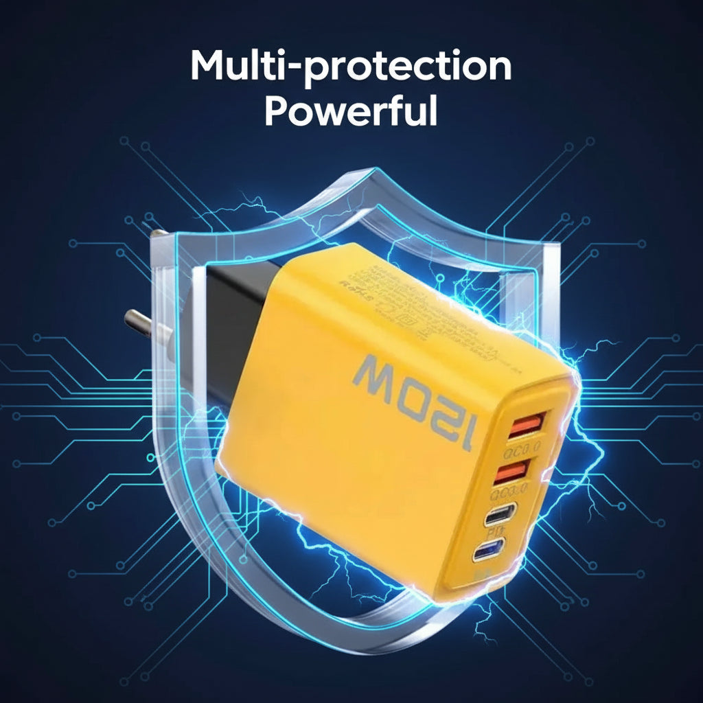 Yellow power adapter with multiple ports on a light blue background, featuring the text 'Multi-protection Powerful'.