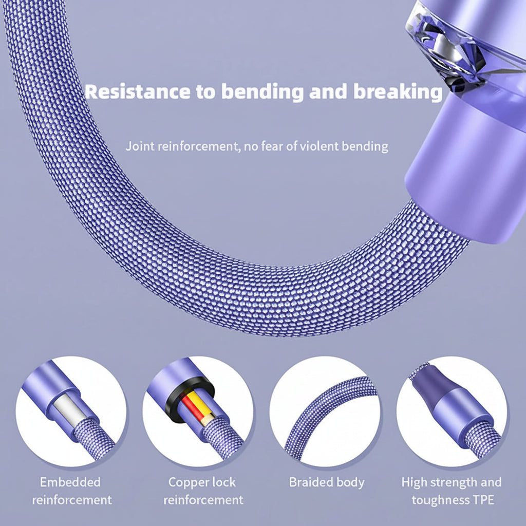 Flexible hose with joint reinforcement features on a purple background