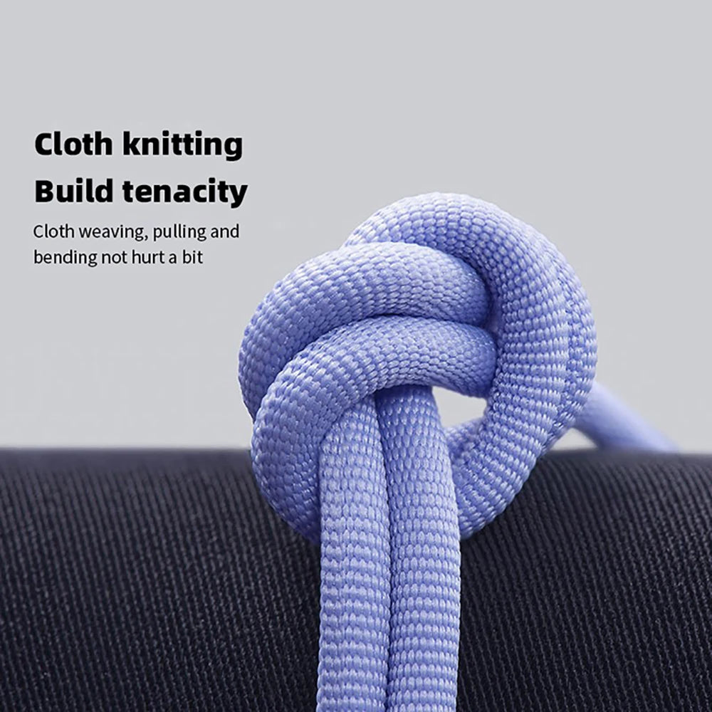 Blue knotted rope on a black surface with text about cloth knitting.