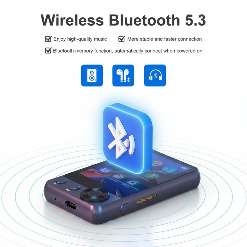Wireless Bluetooth 5.3 feature set with smartphone and Bluetooth icon on a dark background