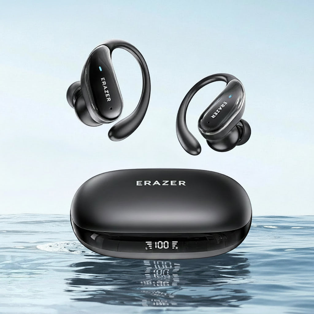 Erazer wireless earbuds with charging case on a water-like background