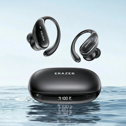 Erazer wireless earbuds with charging case on a water-like background