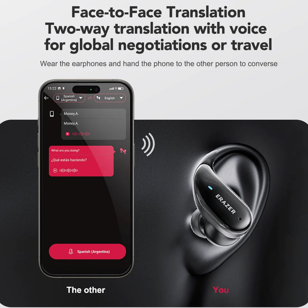 Erazer translation earbuds with smartphone app on a gray background