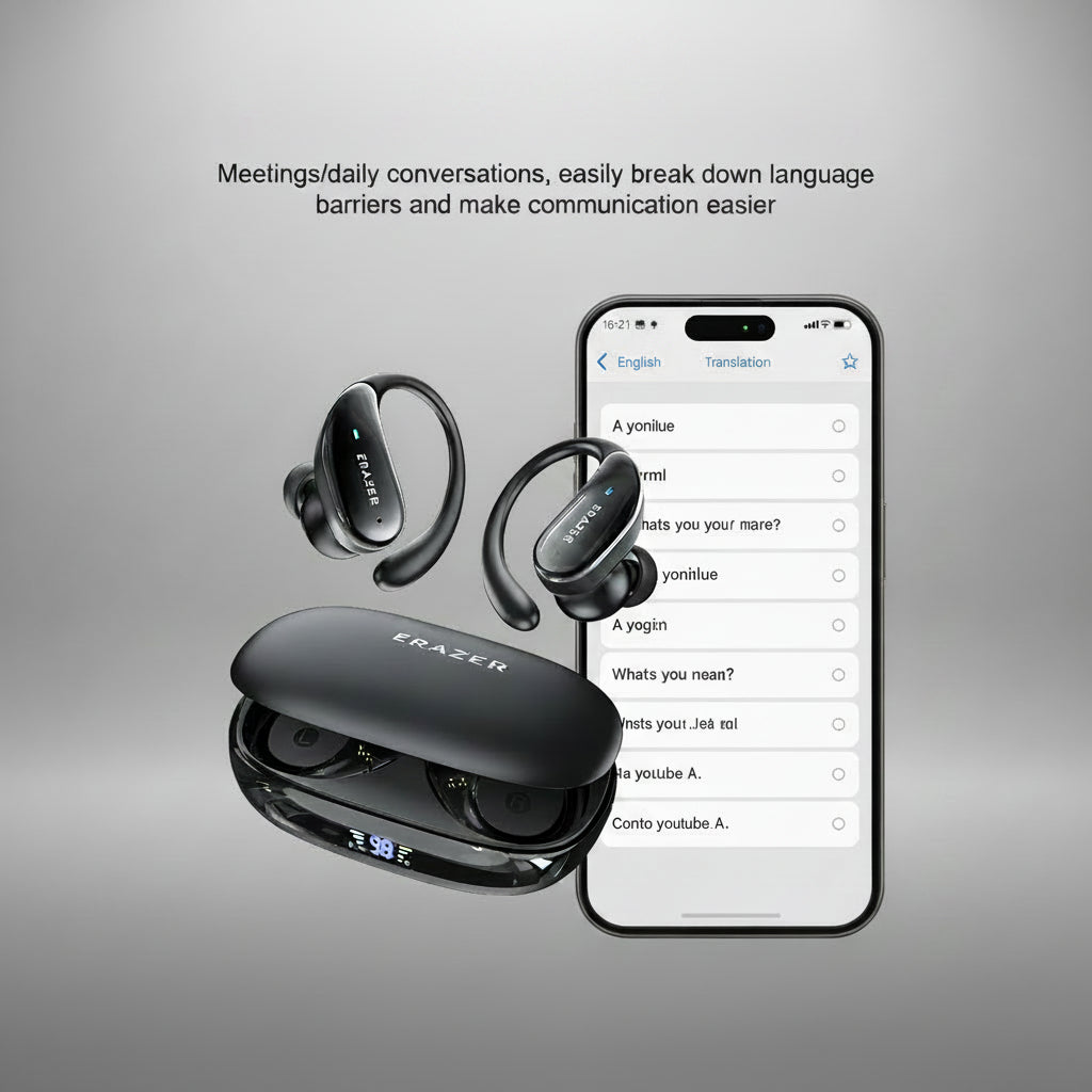 Erazer translation machine with earbuds and smartphone app interface in a meeting setting