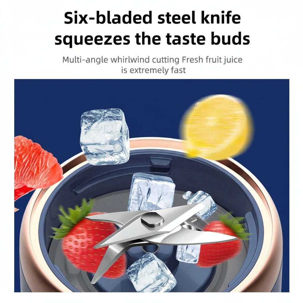 Juicer with fruits and ice cubes on a blue background, highlighting its speed and efficiency.