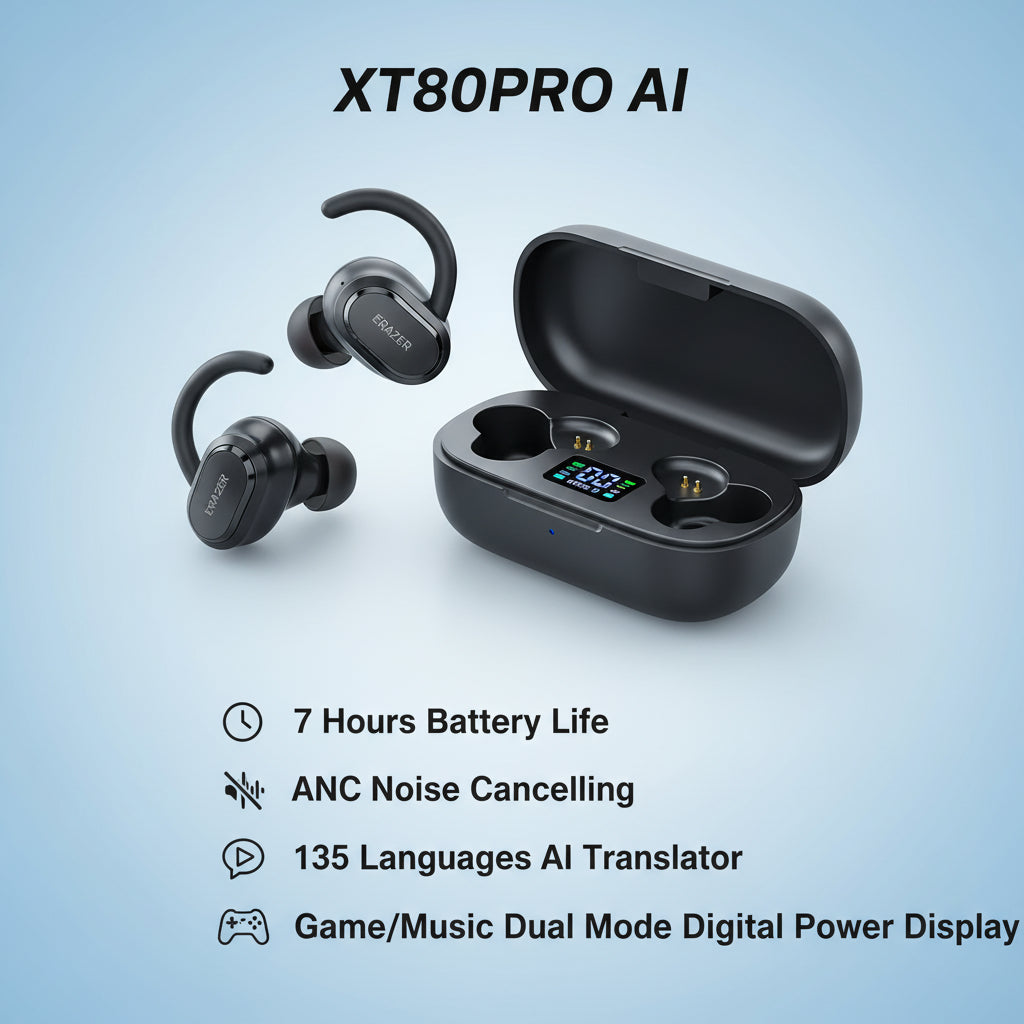 Comparison chart of XT80PRO AI wireless earbuds with other models on a blue background.