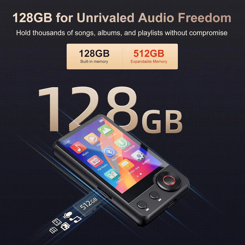 Digital player with 128GB storage capacity on a dark background