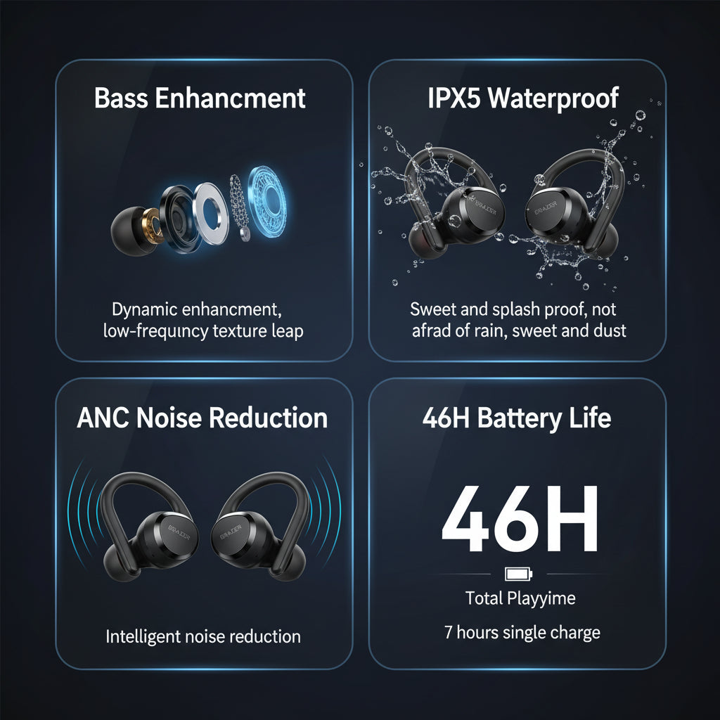 Wireless earbuds with features highlighted on a blue background
