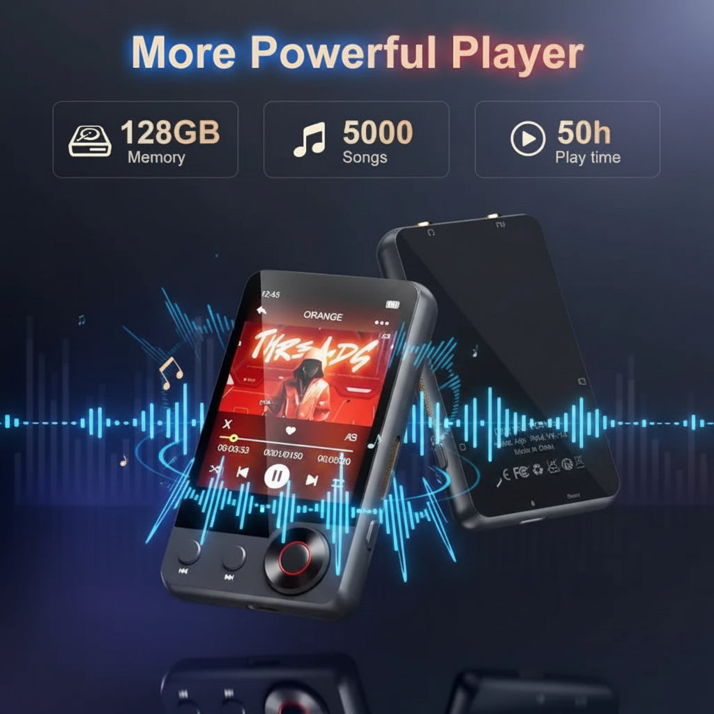 Music player with 128GB memory, 5000 songs, and 50 hours play time on a dark background.