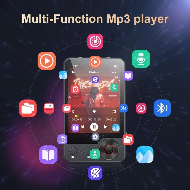 Multi-function MP3 player with various icons on a dark background