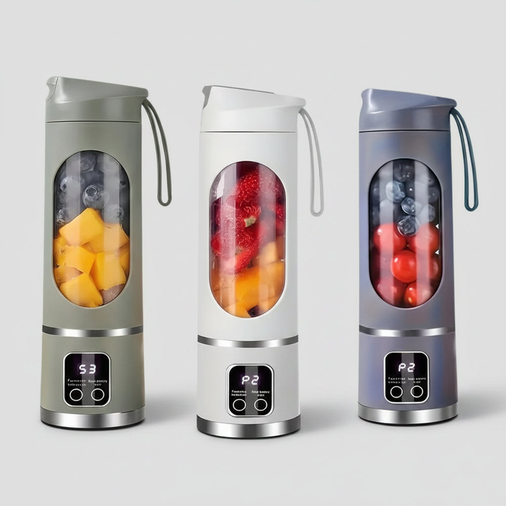Three portable blenders with fruit inside on a colorful background with fruits and ice cubes.