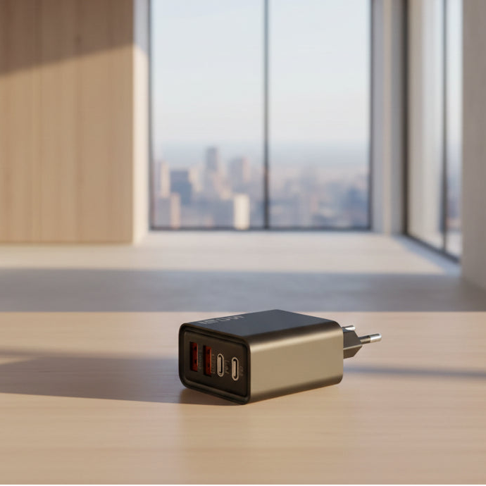 Black 120W charger with multiple ports on a white background