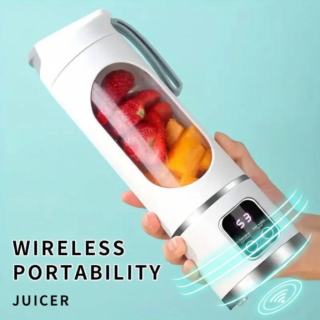 Hand holding a portable juicer filled with fruits on a light blue background