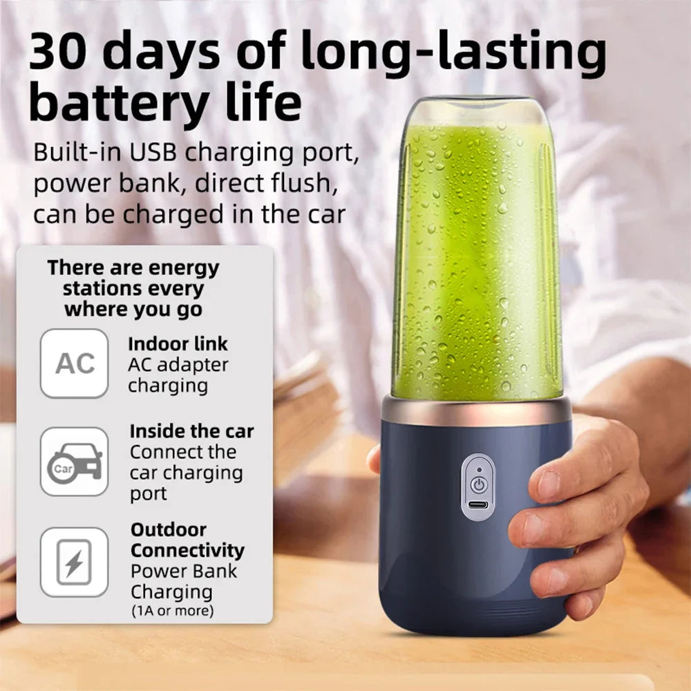 Portable blender with USB charging port and energy station features, held by a person.