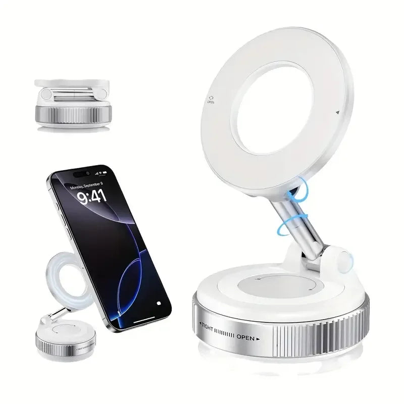 Smartphone with a ring light attachment on a white background