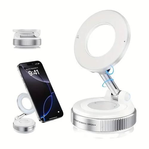 Smartphone with a ring light attachment on a white background