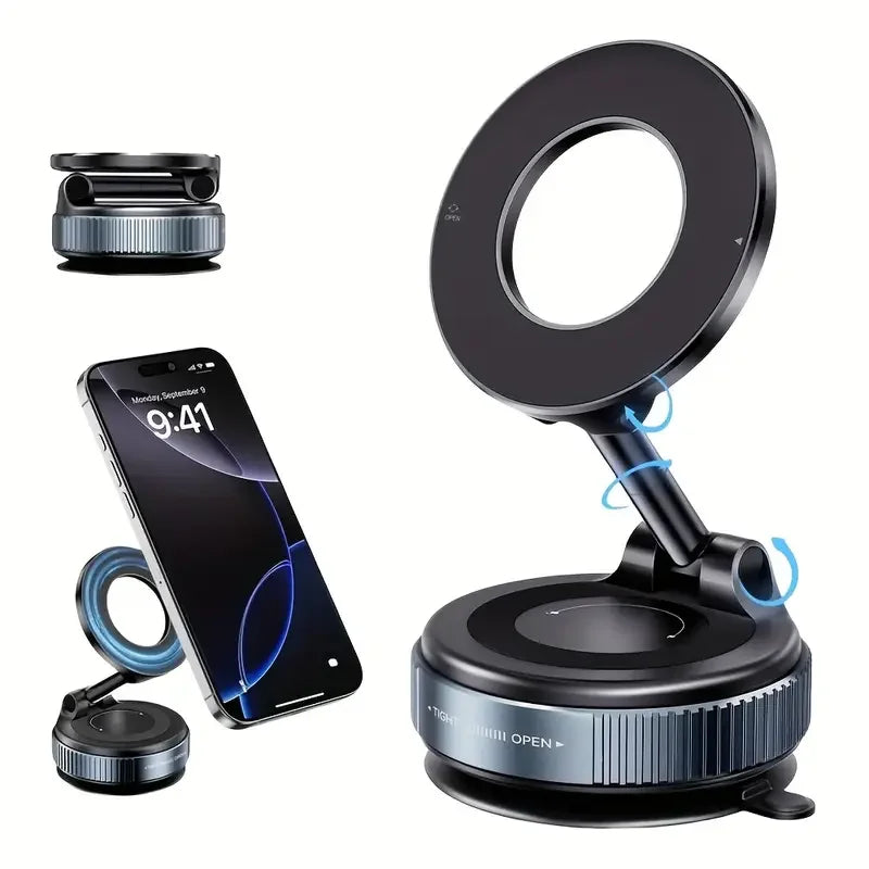 Phone stand with smartphone, camera lens, and ring light on a white background